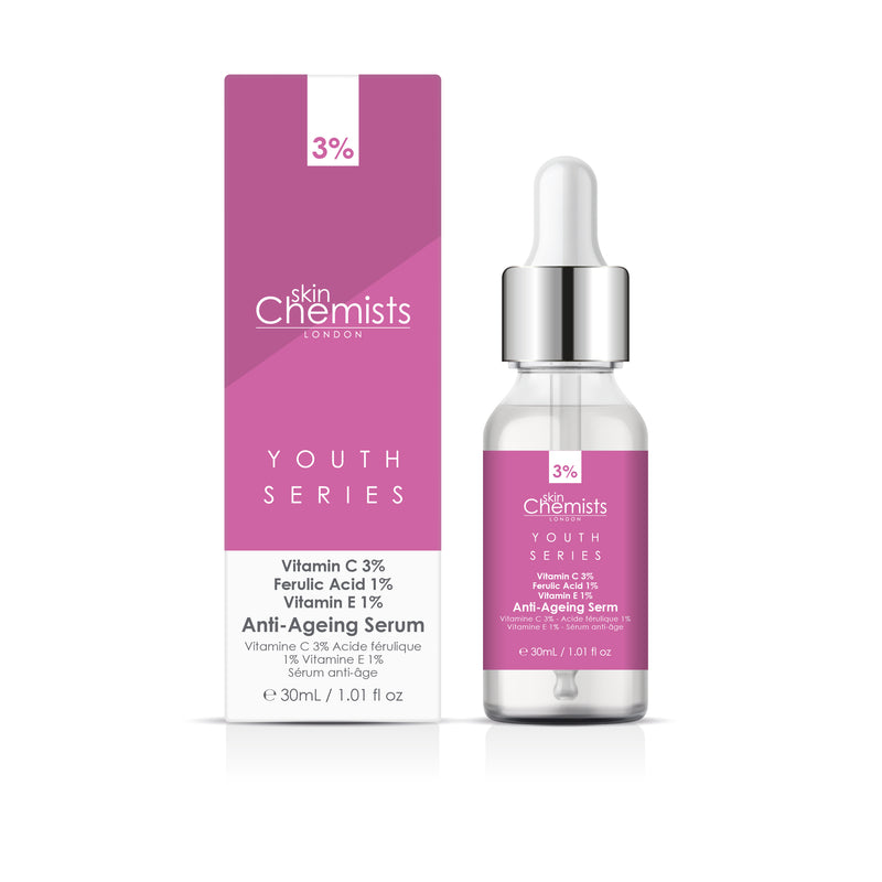 Skin Chemists Youth Series Anti-Ageing Serum 30ml Vitamin C 3%, Ferulic Acid 1%, Vitamin E 1%